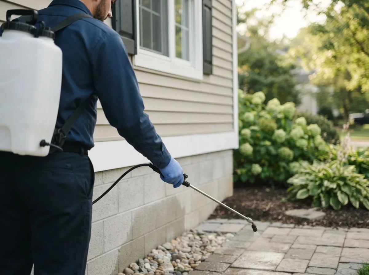 Pest control technician inspecting a home in Sutter, IL